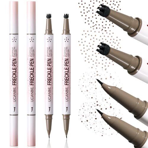 UCANBE 2PCS Dual-Ended Freckle Pen & Freckle Stamp - Precise 15¡Æ Curved Tip Makeup Waterproof & Smudge Proof, Long Lasting Faux Freckles Pencils (01 Light Brown+03 Chestnut)