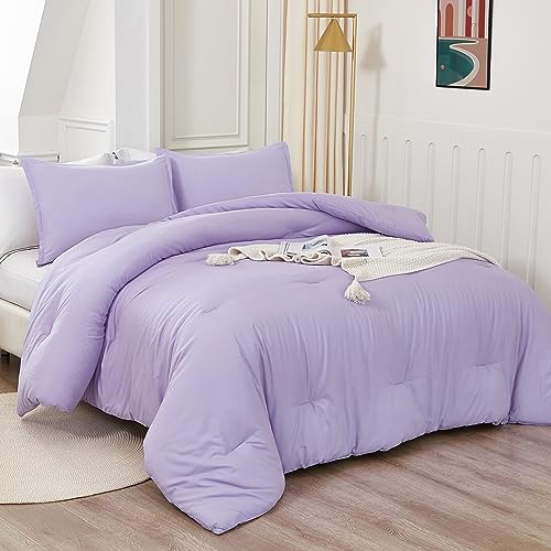 Litanika Lavender Comforter Twin/Twin XL Size, 2 Pieces Boho Lightweight Solid Bedding Comforter Set, All Season Fluffy Bed Set (66x90In Comforter & 1 Pillowcase)