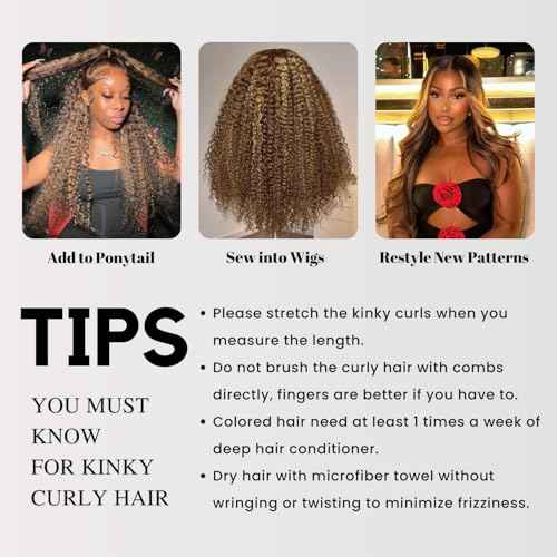 Honey Blonde Highlight Tight Kinky Curly Single Bundles Human Hair 22Inch, 100% Virgin Remy 12A Brazilian Curly Weave Bundles Human Hair Thick Track P4/27 Ombre Brown Colored Kinky Curly Bundles