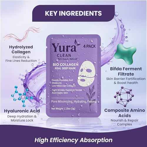 Yura Clean Collagen Face Mask ? Korean Overnight Bio-Collagen Sheet Mask for Glowing, Hydrated & Firm Skin ? Anti-Aging, Moisturizing & Skin Rejuvenation ? 4 Pack ? Ideal Holiday Gift for Women