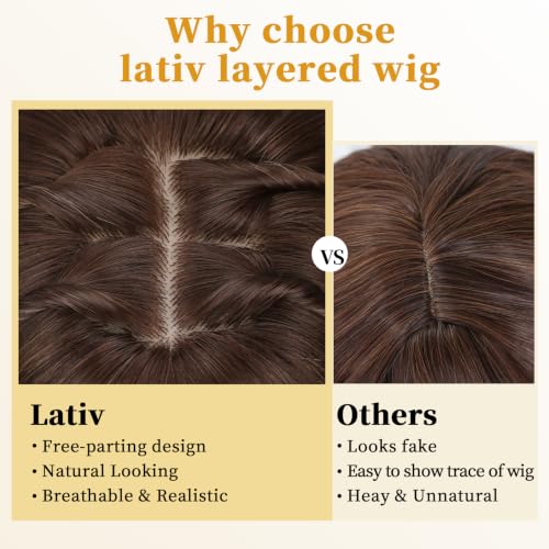 Lativ Brown Highlight Layered Wig with Bangs - 4x4 Natural Scalp