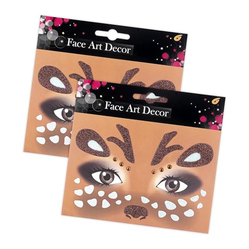Deer Face Stickers Christmas Face Tattoo for Women Men with Rhinestone Self Adhesive Glitter Stickers Cute Animal Deer Face Tattoos Eyes Body Makeup Party Cosplay Supplies 2Pcs