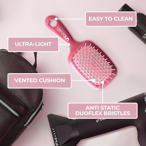 FHI Heat UNbrush Detangling Brush for Pain-Free Brushing on All Wet or Dry Hair Types — Durable DuoFlex Anti-Static Bristles, Lightweight Handle, Vented Hair Brush, Rose Dark Pink