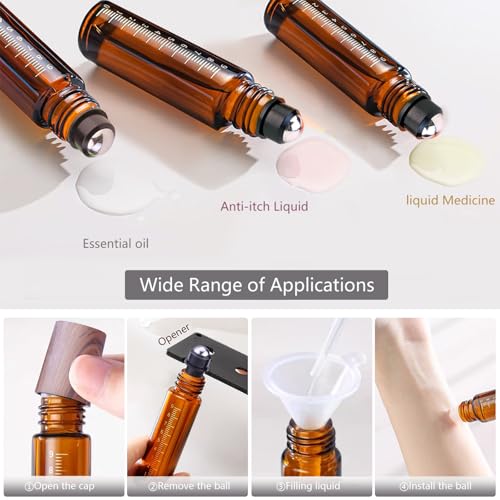 30pcs 10ml Amber Glass Roller Bottles for Essential Oils
