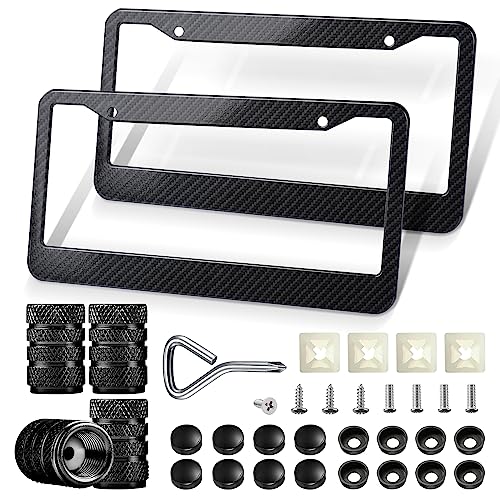 Black Carbon Fiber License Plate Frames - License Plate Covers with Carbon Fiber Vavle Caps, 2 Packs Universal Carbon Fiber Pattern Frame for Front and Rear Car Tags.