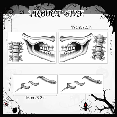 HOWAF 4 PCS Skeleton Face Tattoo, Skeleton Face Sticker, Snake Collarbone, Skull Halloween Temporary Tattoos, Day Of The Dead Face Tattoo for Halloween Costume, Day Of The Dead Costume