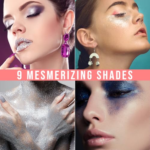 Profusion Cosmetics Majestic Gems 9 Shades Pressed Glitter Palette - High-Impact Sparkle for Face, Body & Eyes, Buildable & Blendable with Minimal Fallout Application, Cruelty-Free Makeup