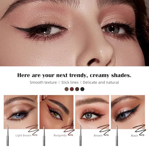 4 Pcs Waterline Eyeliner Pencil Set, Waterproof Matte Eyeliner Pens, Smooth and Long-Lasting Gel Cream Eye Liner Pencils kit Makeup for Women, Black & Brown & Burgundy & Light Brown