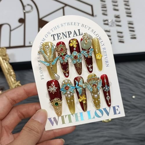10Pcs Heirloom Chinese Bridal Press On Nails With Tools,Red Gold Phoenix Dragon Designs Fake Nails Long Stiletto,Full Crystals Heavy Relief Luxury Wedding Set Glue on Nails for Cheongsam(S)