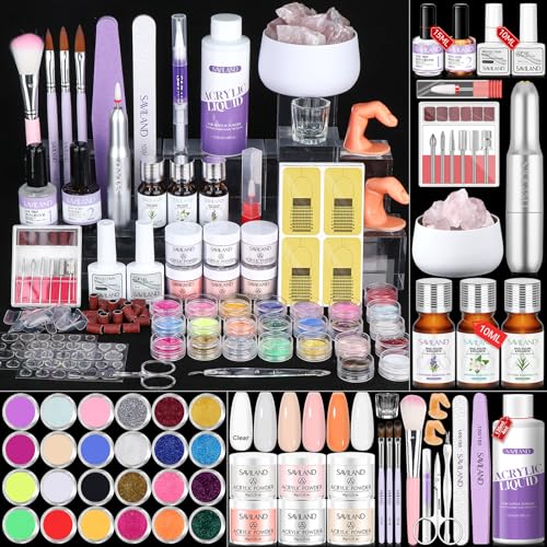 SAVILAND Professional Acrylic Nail Kit with Drill: 6 Colors Acrylic Powder & Liquid Beginner's Starter Set with Essential Oil Nail Primer Dehydrator Nail Tools DIY Home Manicure Christmas Gift