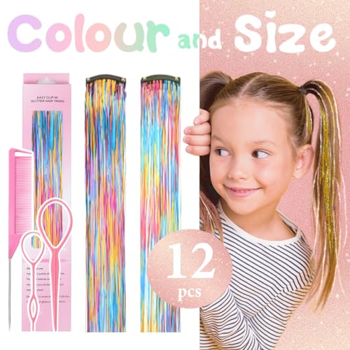 Hair Tinsel Clip-In Extensions, 12 Pcs 24 Inch Rainbow