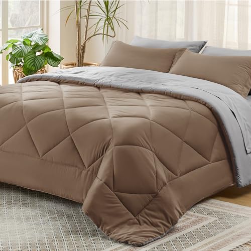 Bedsure Brown Twin Comforter Set - 5 Pieces Reversible Twin Bed in a Bag, Extra Long Twin Bed Set Brown and Grey with Comforters, Sheets, Pillowcase & Sham