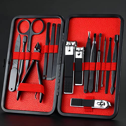 Manicure Pedicure Set Nail Clippers Travel Hygiene Kit Stainless Steel Nail Cutter Care Set Scissor Tweezer Knife Ear Pick Grooming Kits with Leather Case (Black Plating Red Liner)