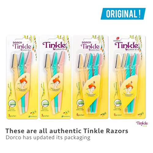 DORCO Tinkle Dermaplaning Razor 9 Pack for Face & Eyebrows - Safe Peach Fuzz Removers, 2 Sets of 3 Razors