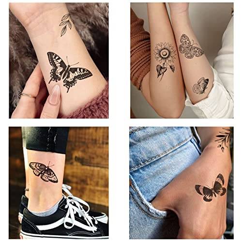 Black Flower Butterfly Temporary Tattoos for Women - 6 Sheets