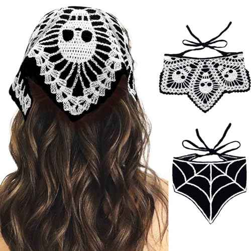 Acenail Black Skull Headbands Crochet Bandanas Headband Web Gothic Head Scarf Halloween Hair Accessories for Women 2Pcs