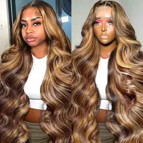 Ombre Highlight 13x6 HD Lace Front Wigs Human Hair with Baby Hair 200 Density 4/27 Honey Blonde Body Wave Frontal Wigs Human Hair 34 Inch