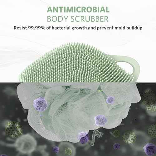 Sndyi Silicone Body Scrubber, Gentle Exfoliating Body Scrubber for Sensitive Skin, Leaf Shaped Shower Scrubber for Body with Lathering Bristles, Silicone Loofah Body Brush for Showering, Green