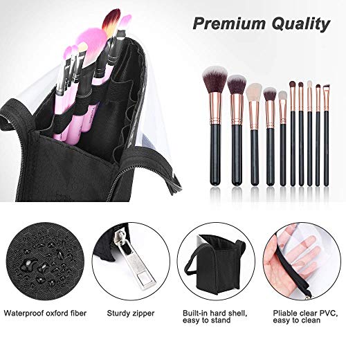 Travel Make-up Brush Holder Organizer Bag£¬Clear Plastic&Oxford Cosmetic Zippered Case£¬Portable Waterproof Stand-Up Makeup Brush Pouch, Professional Artist Small Toiletry Cup (Black)¡¦