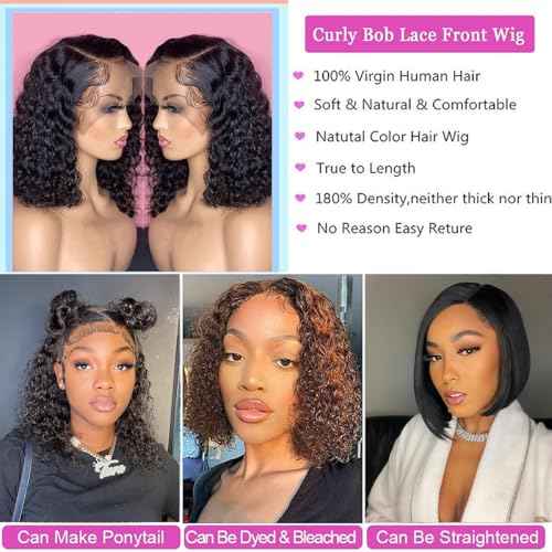 13x6 Curly Bob Wig Human Hair Deep Curly Wave Lace Front Human Hair Wigs for Black Women Brazilian Curly Wig Short Bob Lace Frontal Wigs Pre Plucked with Baby Hair Natural Hairline 180% Density