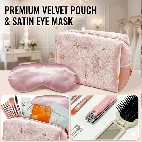 FUNWOOD Wedding Day Emergency Kit for Bride—Pink 70Pcs Velvet Makeup Bag & Essentials