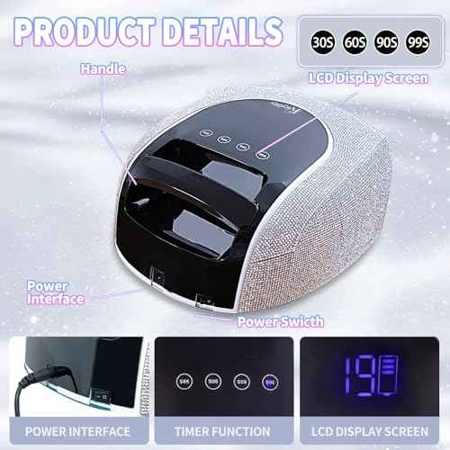 UV LED Nail Lamp,96W Rechargeable Cordless Nail Lamp Gel Polish UV Nail Lamp,Diamond Professional Curing Lamp with 4 Timer Setting,Handle,Big Display Auto Sensor for Salon & Home