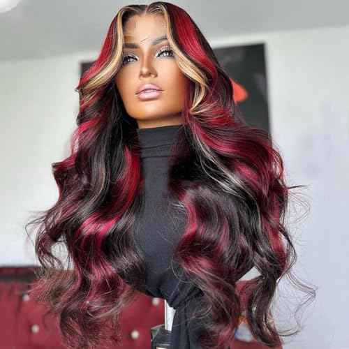Black Red Blonde Highlight Wig Human Hair Body Wave Lace Front Wigs Human Hair Pre Plucked for Women 180% Density 13X4 HD Lace Frontal Blonde Red Highlights Glueless Colored Human Hair Wig 24 Inch