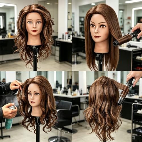 POLRISLY Dark Brown Human Hair Mannequin Head for Hairdressing 20-22 inches
