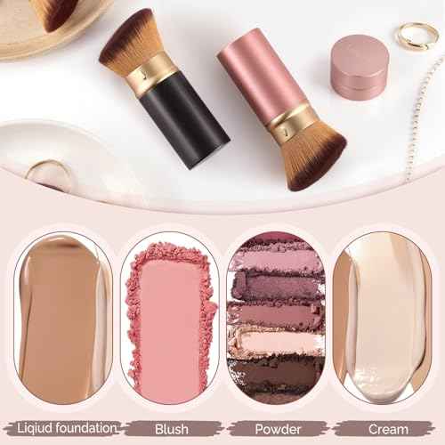 Retractable Kabuki Makeup Brush - Portable Travel Face Brush with Cover, Soft Synthetic Bristles for Blush, Bronzer, Powder, Foundation & Sunscreen, Flawless Application On-the-Go (Rose gold)