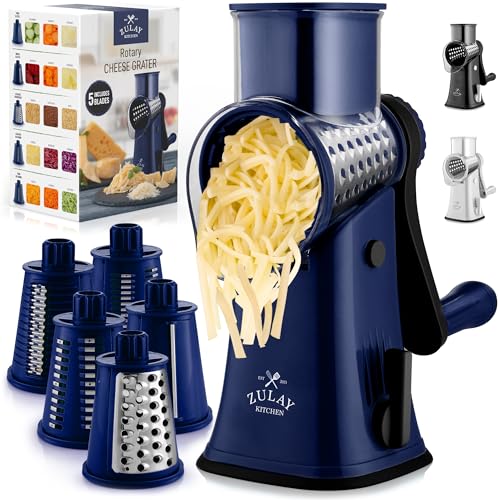 Zulay Rotary Cheese Grater 5 Blade Cheese Shredder - Manual Hand Crank Cheese Grater With Reinforced Suction & 5 Interchangeable Drums - Easy to Use Vegetable Chopper - Crystal Sapphire