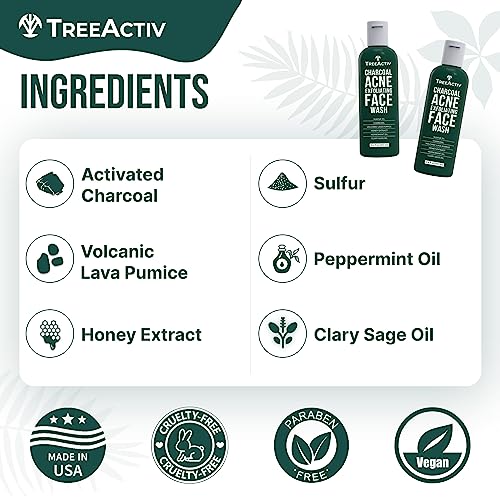 TreeActiv Charcoal Face Wash, 3.4oz, Daily Face Wash with Sulfur and Honey, Charcoal Face Cleanser for Women and Men, 400+ Uses, 2-Pack