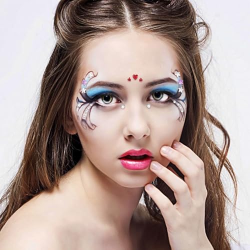 2 Sheets Star Heart Face Gems Stickers Red Purple Clear Eye Jewels Rhinestones Round Crystal Makeup Tattoo Halloween Rave Bachelorette Party Festival Accessories for Women
