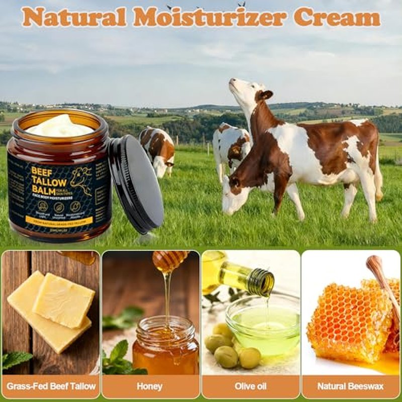 Beef Tallow for Skin, Natural Tallow Balm with Raw Honey and Beeswax for Face, Deep Nourishing Moisturizers, Grass-Fed Beef Tallow Cream for All Skin Types