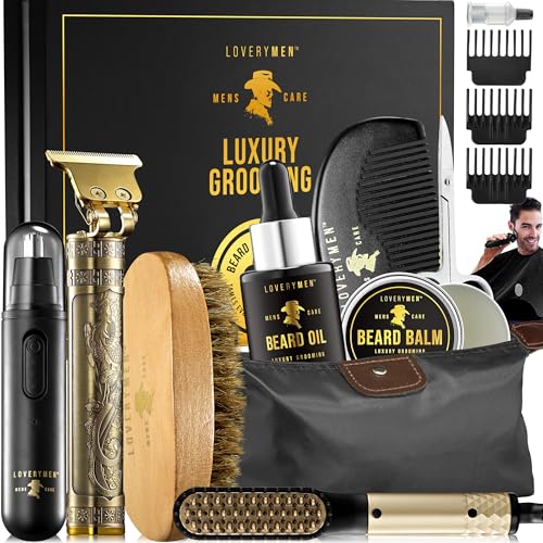 Gifts for Men Who Have Everything, Birthday Gifts for Him, Grooming Beard Kit, Beard Trimmer, Nose Hair Trimmer, Hair Straightener Brush, Oil, Balm & More, 15pc Men Care Kit, Dad Gifts