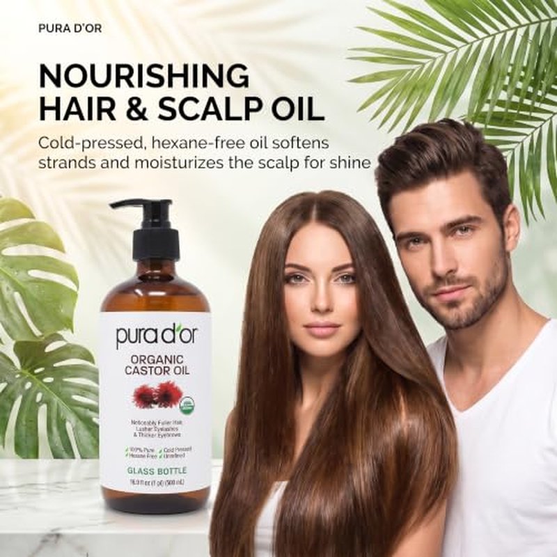 PURA D'OR Organic Castor Oil 16.9 oz | Cold-Pressed Hair Skin Lash