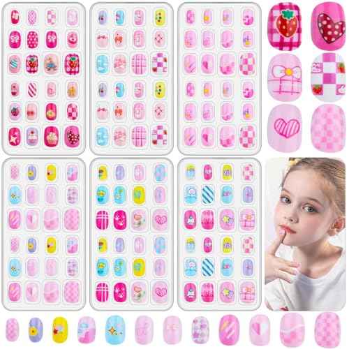 144 Pcs Kids Fake Nails Set, Thrilez 6 Pack Press on Nail Pre-glue Artificial False Acrylic Nails Set for Little Girl Children Toddlers
