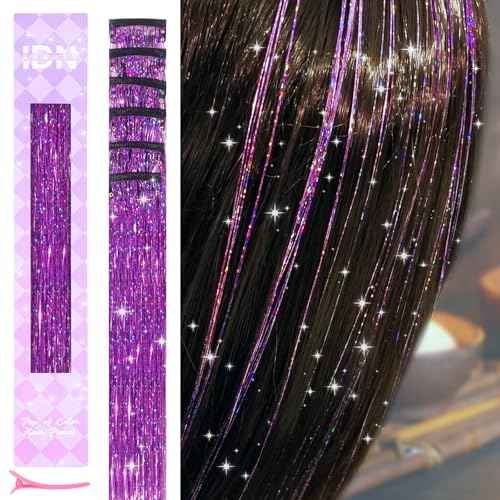 IDN BEAUTY Hair Tinsel Clip in, 6pcs Purple Sparkling Tinsel Hair Extensions 3s Wear and Go for Party Daily Travel Birthday, 24Inch Hair Accessories for Girls Women Kids