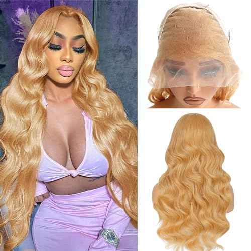 Honey Blonde Lace Front Wig Human Hair 27# Colored Blonde Wig Human Hair Lace Front Wigs Body Wave Glueless Wigs Human Hair Pre Plucked HD 13x4 Lace Frontal Wigs Human Hair 180% Density 24 Inch