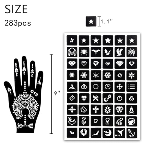 MCPINKY Henna Tattoo Stencil Kit - 283 Sheet Arabian Realistic Temporary Glitter Semi-Permanent Tattoos for Women & Girls