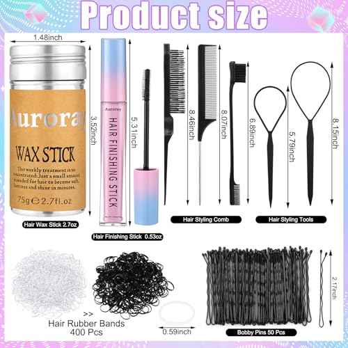 7Pcs Hair Finishing Stick Set with 1Pcs Slick Back Brush,1Pcs Fly Away Stick for Hair,50PCS Bobby Pins,400Pcs Elastic Rubber Bands