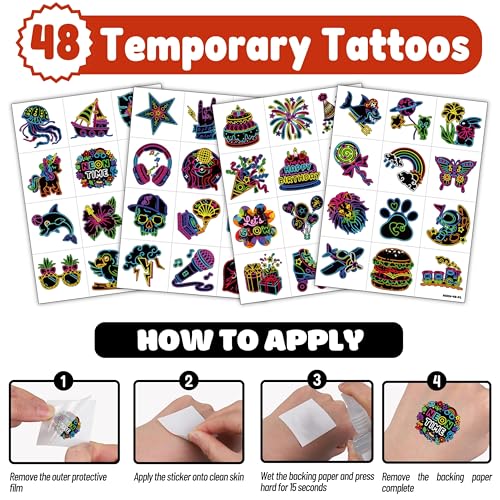 72 PCS Neon Party Favors ? 48 Pre-Cut Temporary Tattoos & 24 Neon Punch Balloons Themed Birthday Party Decorations Supplies Favors Gifts, Goodie Bag Fillers, Classroom Rewards