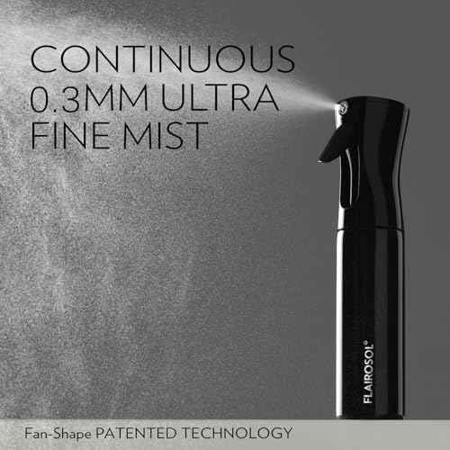 FLAIROSOL Spray Bottle for Hair, Continuous Spray Bottle with 0.3MM Ultra Fine Mist, Water Mister for Hairstyling, Cleaning, Plants, Pets, 10.1oz/300ml, Black Bottle, White Print
