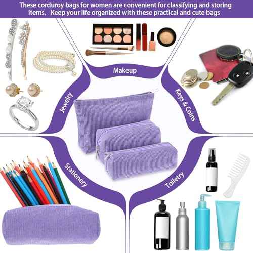 3 Pcs Makeup Bag Set for Women Corduroy Cosmetic Pouch Aesthetic Smile Travel Toiletry Bag Cute Purse Pouch Pencil Case Makeup Brushes Storage Organizer for Christmas(Purple,Solid Style)