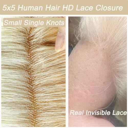 613 5x5 Hd Lace Closure Straight 20 Inch Hd Lace Transparent Deep Part 55 613 0.11mm Ultra-Thin Invisible Skinlike Blond Color 12a Grade Straight Human Hair Pre Plucked With Baby Hair Free Part