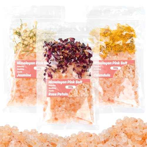 3 Pack Pink Bath Salts - Foot Soaking Salts Himalayan Pink Salt with Rose Petals Marigold and Jasmine Buds Himalayan Salt for Men and Women Nourishing Soothing and Relaxing Skin 140g(Pack of 1)