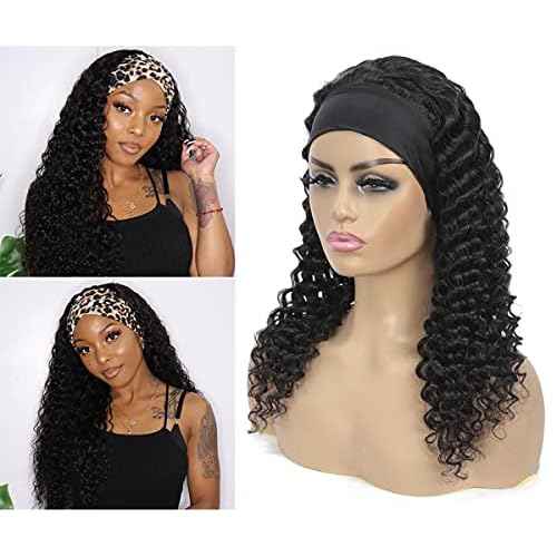 WENYAN Headband Wig Human Hair Deep Wave 18 Inch Wigs for Black Women Glueless None Lace Front Curly Wave Wig Brazilian Virgin Hair Wear and Go Wigs Machine Made 150% Density Natural Color
