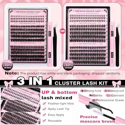 Wispy Lash Clusters Kit Cluster Eyelash Extensions Natural Lash Extension Kit C Curl Fluffy Individual Eyelashes with Bottom Lashes Clusters Waterproof Bond and Seal DIY at Home