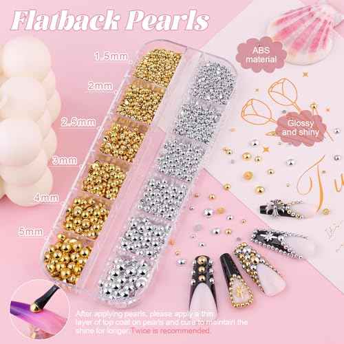 Flatback Nail Pearls Gems, Half Round Silver and Gold Nail Charms Beads and White Beige Pearls for Nails with Pickup Pencil and Tweezers, Pearl Nail Charm Rhinestones for Crafting Face Hair Manicure