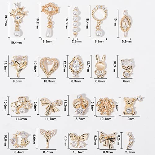 HNUIX Nail Charms and Gems - Gold Copper Zircon, Multiple Shapes 3D Dangle, Metal Jewelry Rhinestones for Nails (20pieces C Set)