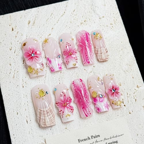 Pink Summer Floral Press On Nails 10pcs, 3D Flower Tropical Beach Nail Set with Gold Shells Rhinestones, Pastel Gradient Mermaid Fake Nails for Women, Acrylic UV Gel Wearable Nails (Pink, S)